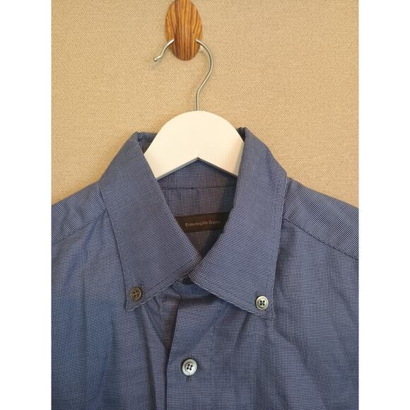 Ermenegildo Zegna Shirt Mens Medium Blue Micro Check Corpcore Office Button Down - Picture 6 of 12